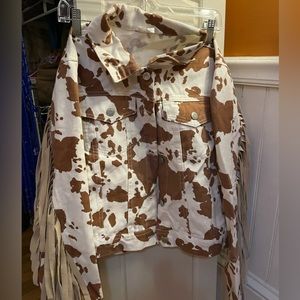 Brown cow print jacket with tan fringe